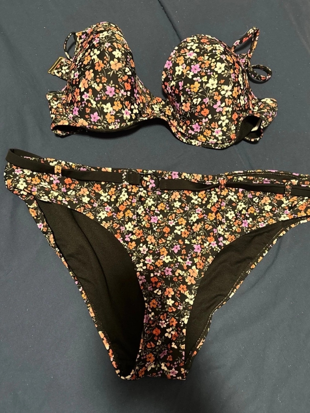 Time and Tru Floral Underwire Bikini Set - Black with Pink & Orange Flowers